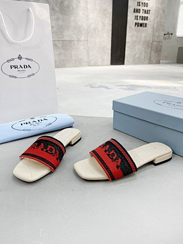 Prada Logo Embroidered Woven Slide Sandals