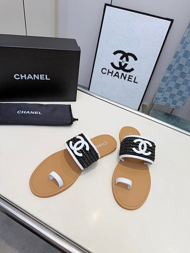 Chanel CC Logo Woven Toe-Ring Sandals