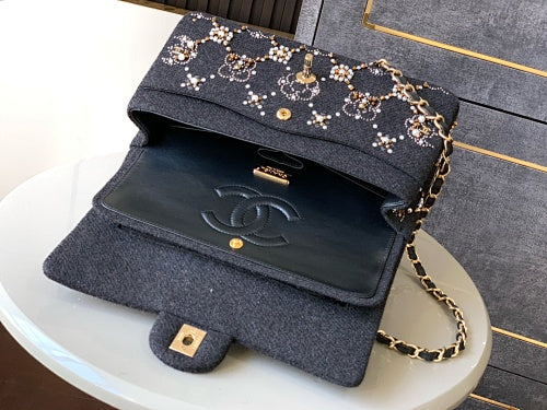 Chanel Black Tweed Pearl & Crystal Embellished Flap Bag