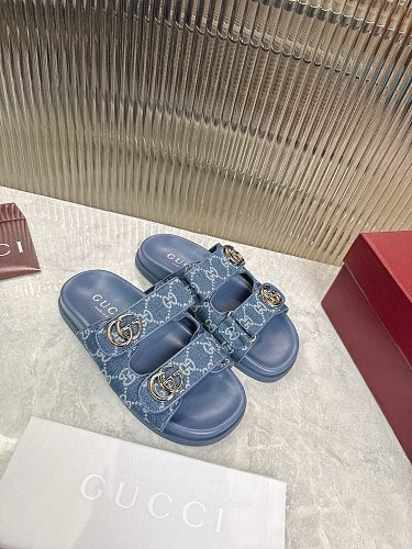 Gucci GG Denim Double-Strap Slide Sandals