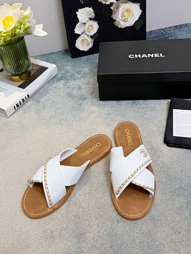 Chanel CC Logo Chain-Trim Crisscross Slide Sandals
