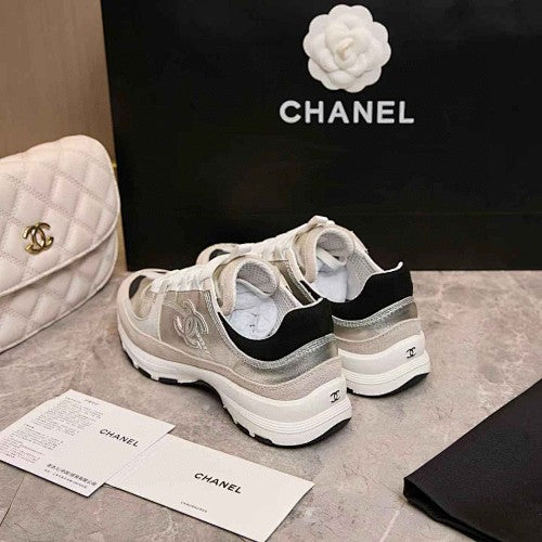 Chanel CC Metallic Silver & White Low-Top Runner Sneakers