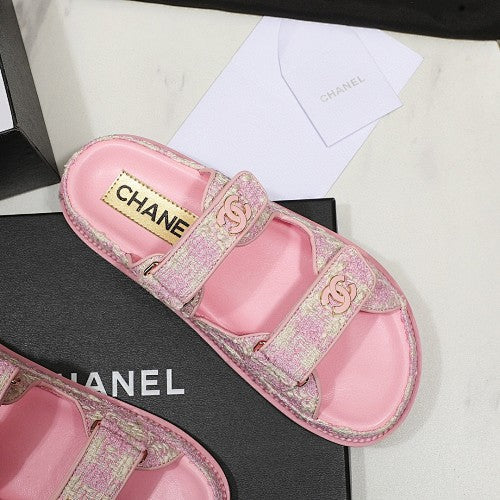 Chanel CC Logo Tweed Double-Strap Slide Sandals