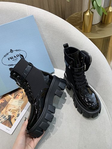 Prada Monolith Patent Leather & Re-Nylon Combat Boots