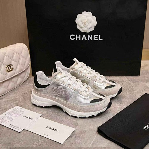 Chanel CC Metallic Silver & White Low-Top Runner Sneakers