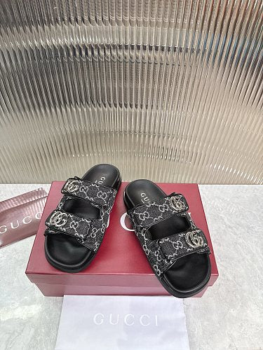 Gucci GG Denim Double-Strap Slide Sandals