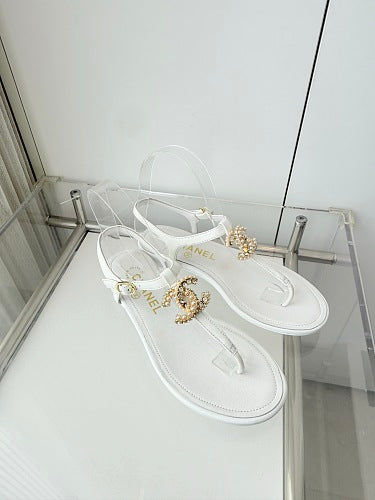 Chanel White CC Thong Slingback Sandals