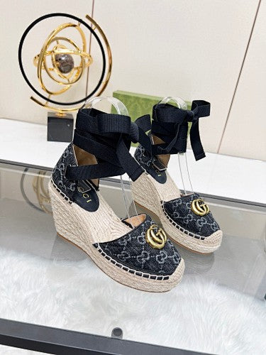Gucci GG Denim Double G Platform Espadrille Wedges