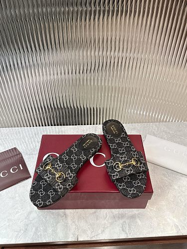 Gucci GG Monogram Horsebit Flat Slide Sandals