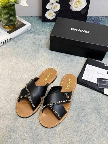 Chanel CC Logo Chain-Trim Crisscross Slide Sandals