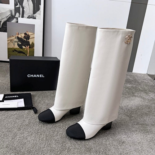 Chanel Two-Tone CC Logo Knee-High Riding Boots