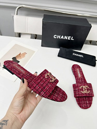 Chanel CC Chain Tweed Flat Slide Sandals – Burgundy/Berry