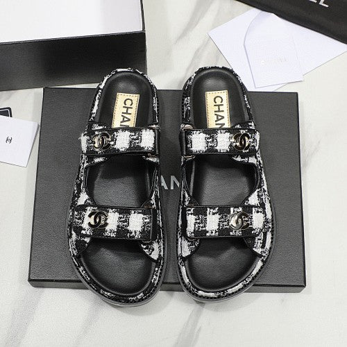 Chanel CC Logo Tweed Double-Strap Slide Sandals