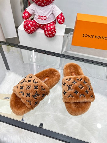 Louis Vuitton Monogram Shearling/Fur Slides