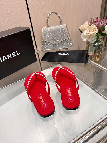 Chanel Pearl-Embellished CC Thong Sandals / Flip-Flops