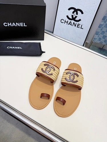 Chanel CC Logo Raffia Toe-Ring Sandals