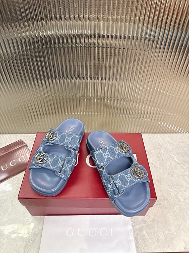 Gucci GG Denim Double-Strap Slide Sandals