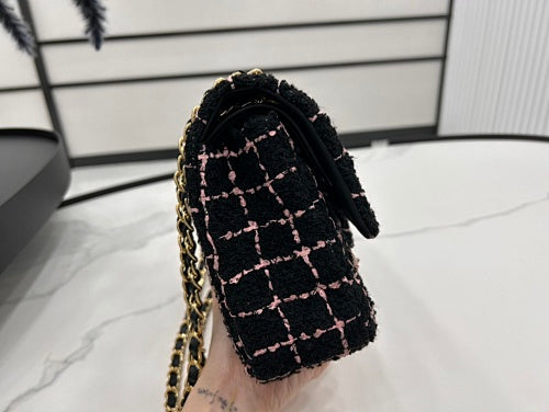 Chanel Black & Pink Tweed Classic Flap-Style Bag