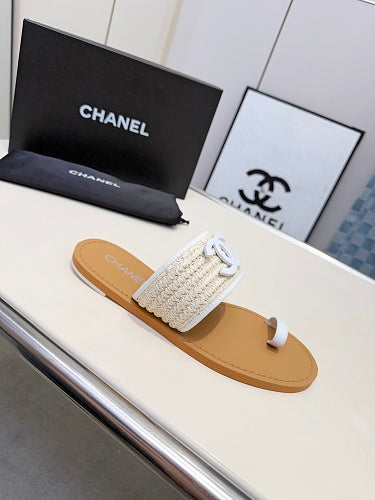 Chanel CC Logo Woven Raffia Toe-Ring Flat Sandals