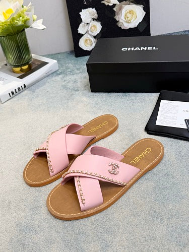 Chanel CC Logo Chain-Trim Crisscross Slide Sandals