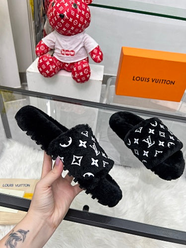 Louis Vuitton Monogram Shearling/Faux-Fur Pool Slides