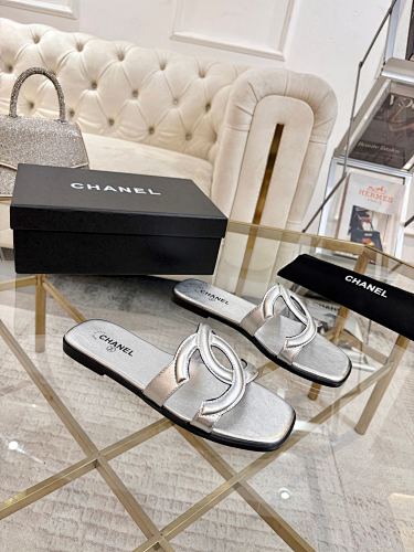 Chanel CC Logo Metallic Silver Leather Slide Sandals