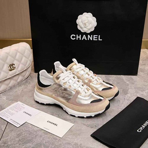 Chanel CC Metallic Gold, Beige & White Low-Top Runner Sneakers