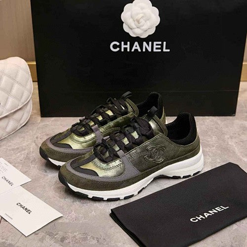 Chanel CC Logo Metallic Olive Green Runner Sneakers