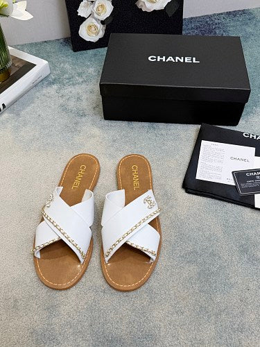 Chanel CC Logo Chain-Trim Crisscross Slide Sandals