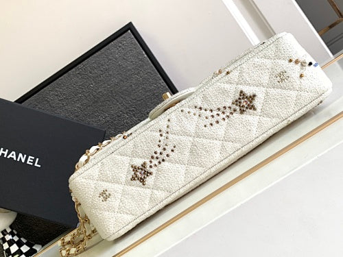 Chanel Ivory Tweed Embellished Classic Flap-Style Bag