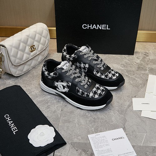 Chanel CC Logo Tweed & Suede Low-Top Sneakers
