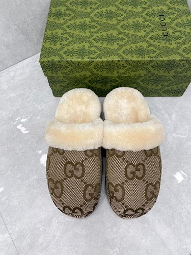 Gucci GG Canvas Shearling-Lined Mule Slippers