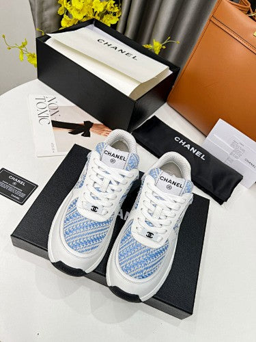 Chanel CC Logo Low-Top Sneakers – White & Blue Tweed