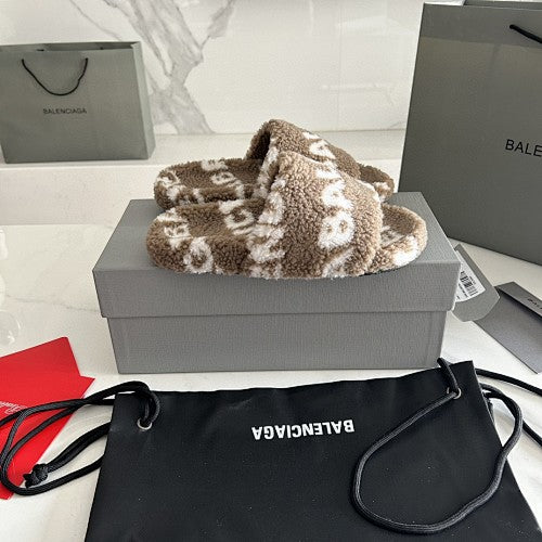Balenciaga Allover Logo Furry Slide Sandals