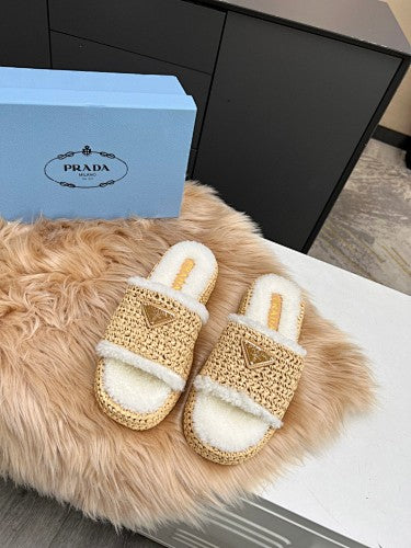 Prada Raffia & Shearling Platform Slide Sandals