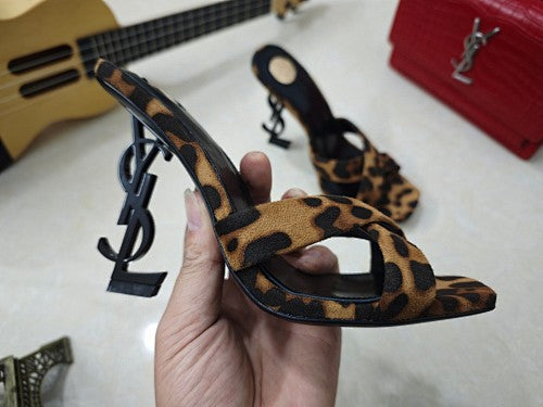 Saint Laurent Opyum Leopard-Print YSL Logo-Heel Mule Sandals