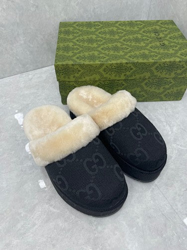Gucci Black GG Canvas Shearling-Lined Mule Slippers