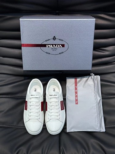 Prada White Leather Low-Top Sneakers with Burgundy Logo Stripe