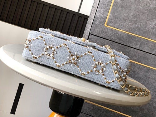 Chanel Light Blue Tweed Crystal & Pearl Embellished Flap Bag