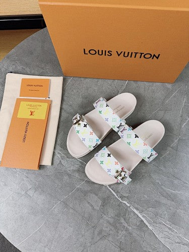 Louis Vuitton White Multicolor Monogram Double-Strap Slide Sandals