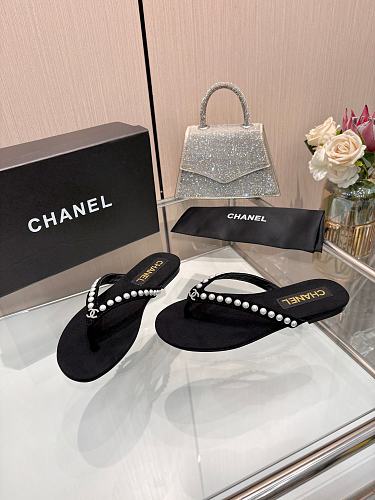 Chanel Pearl-Embellished CC Thong Sandals / Flip-Flops