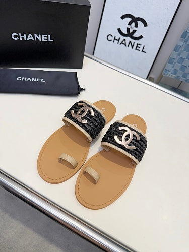 Chanel CC Logo Woven Raffia Toe-Ring Flat Sandals