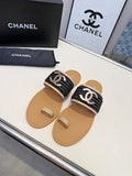 Chanel CC Logo Woven Raffia Toe-Ring Flat Sandals