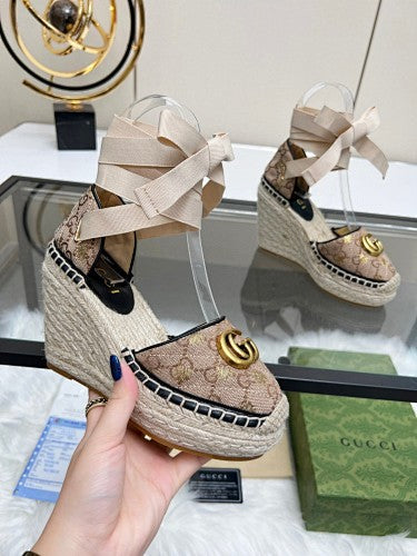 Gucci GG Supreme Canvas Double G Platform Espadrille Wedges