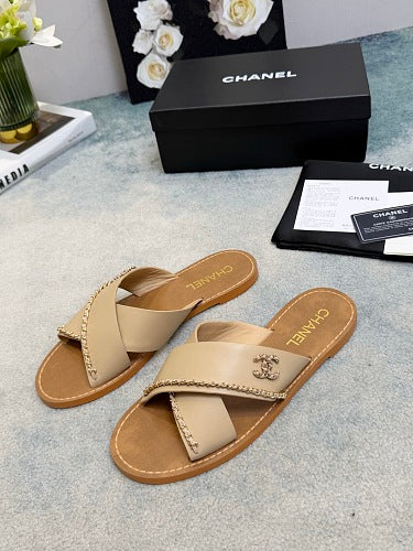 Chanel CC Logo Chain-Trim Crisscross Slide Sandals