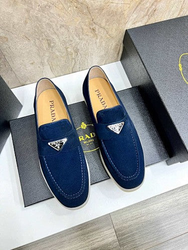 Prada Navy Blue Suede Triangle Logo Loafers