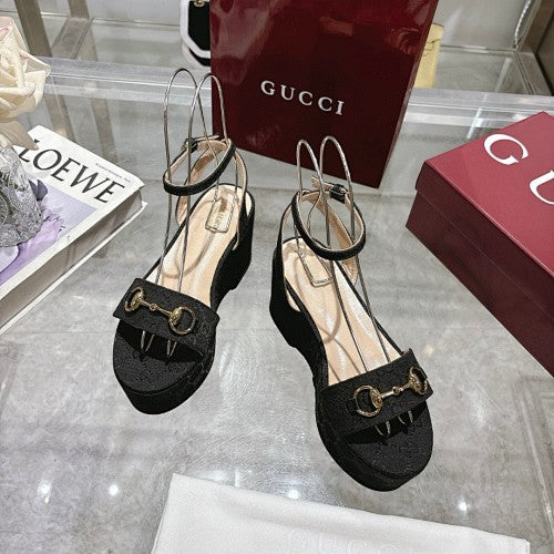 Gucci Black Horsebit Platform Wedge Sandals