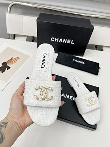Chanel CC Chain Tweed Flat Slide Sandals