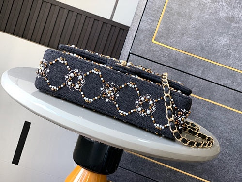 Chanel Black Tweed Pearl & Crystal Embellished Flap Bag