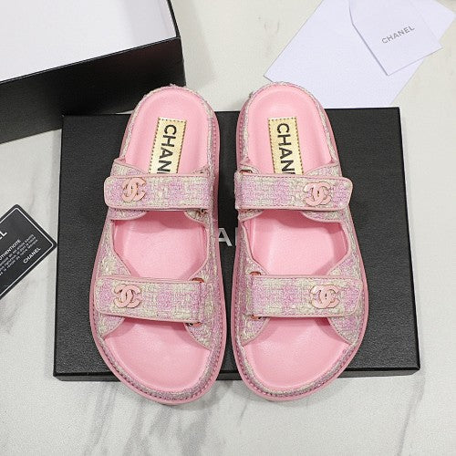 Chanel CC Logo Tweed Double-Strap Slide Sandals